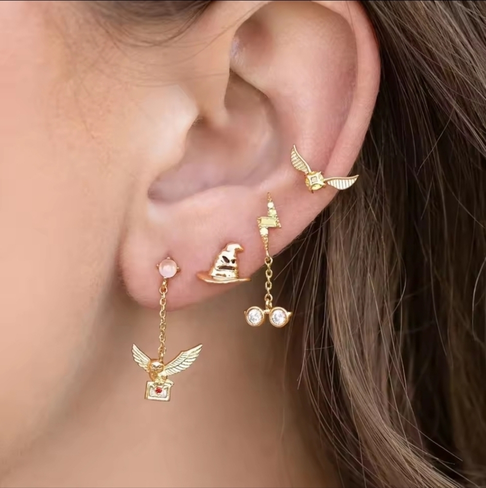 HARRY POTTER Winged Earrings Set Gold Plated With 925 Posts